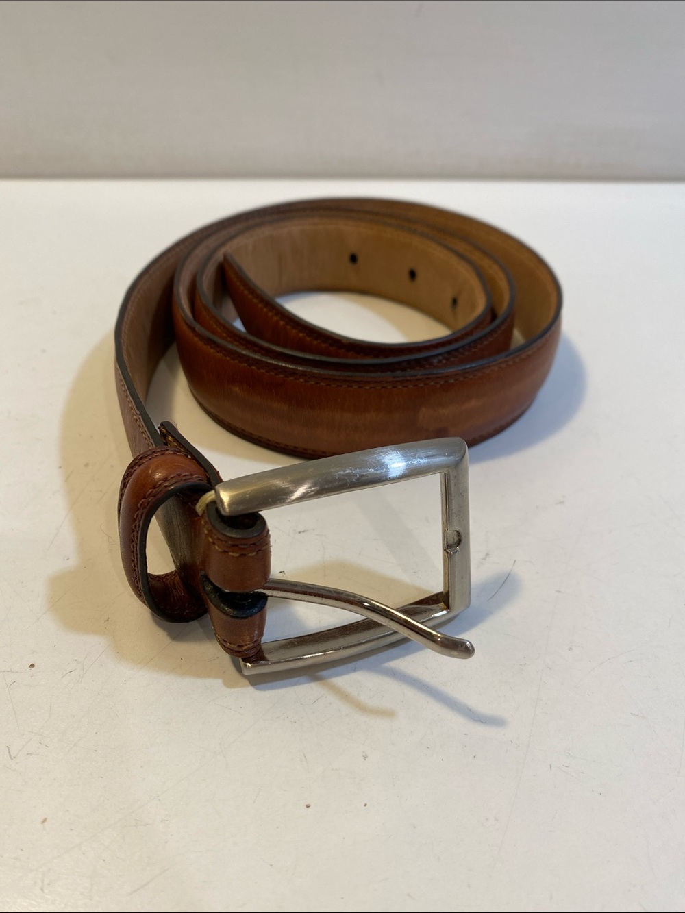 Classic Brown Leather Men's Belt with Silver Buckle Sz 38